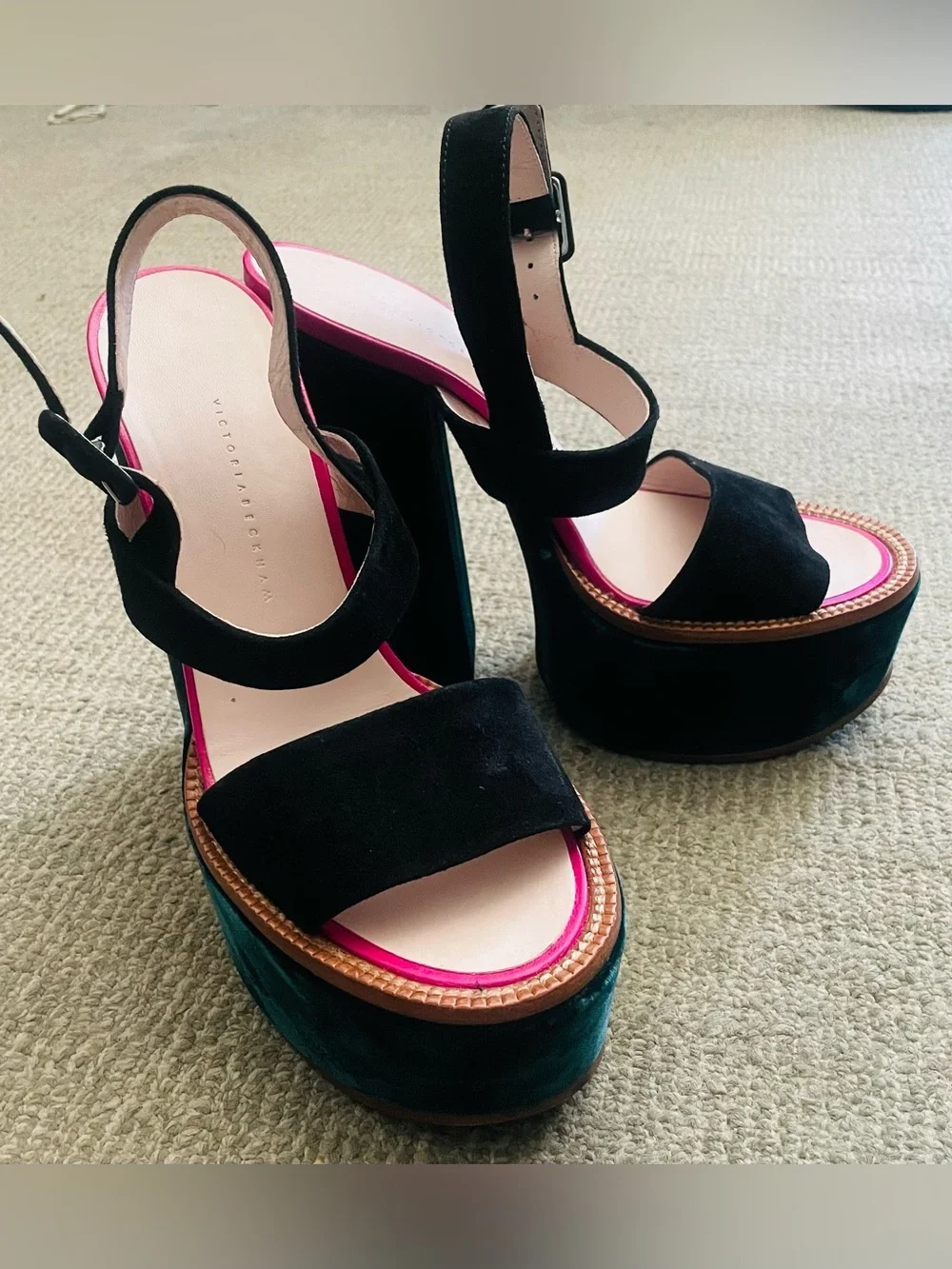 VICTORIA BECKHAM Green & Black Velvet Platform Sandals With Pink Accent